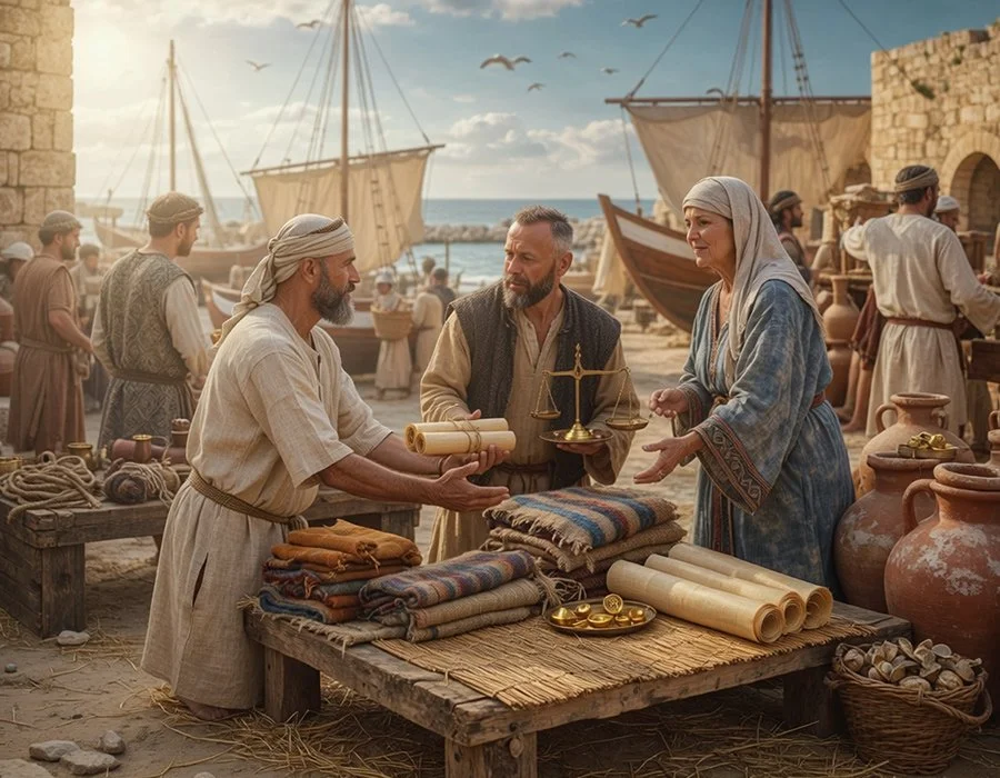 Scène de commerce phénicien dans le port de Byblos avec échanges de papyrus, textiles et marchandises