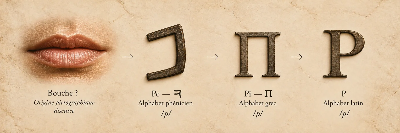 Évolution de Pe, de son origine pictographique discutée liée à la bouche à la lettre phénicienne, puis au Pi grec et au P latin