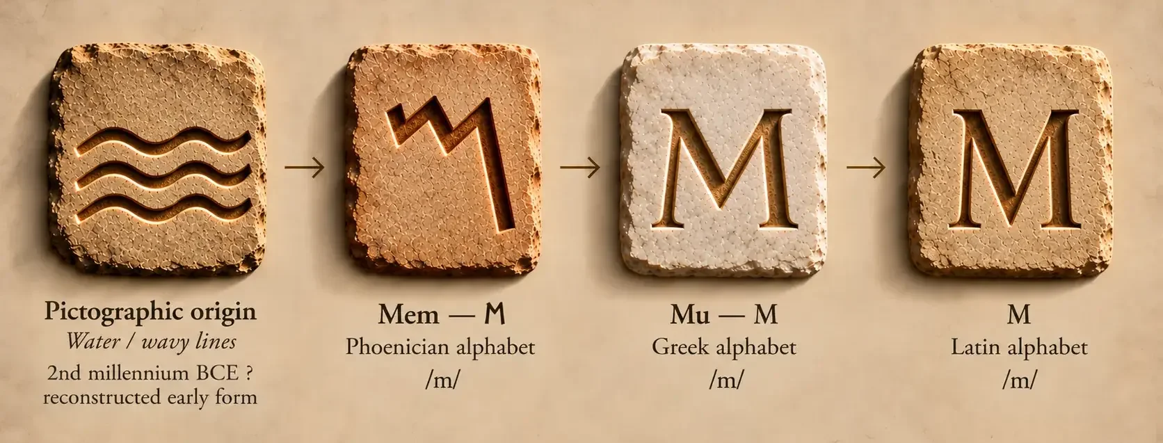 Evolution of Mem from an early pictographic sign associated with water to the Phoenician letter, then Greek Mu and the Latin M