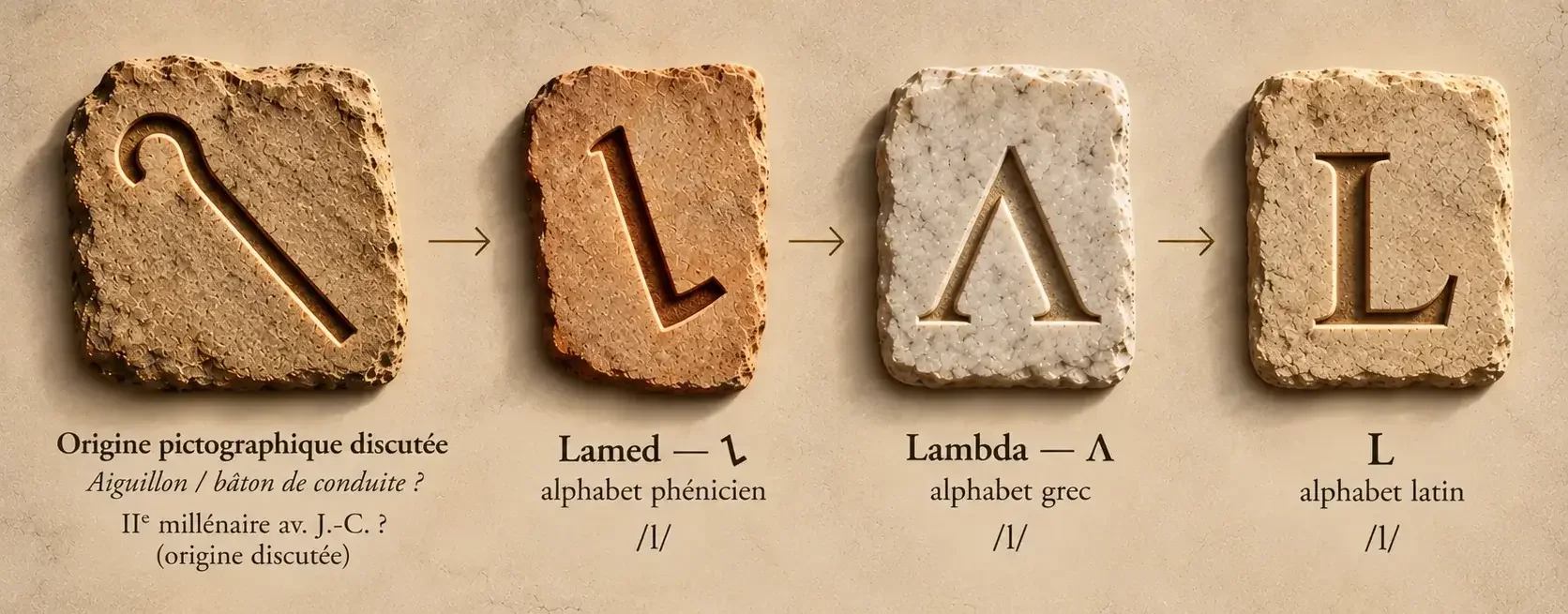 Évolution de Lamed depuis une origine pictographique discutée liée à un aiguillon ou bâton de conduite vers la lettre phénicienne, puis Lambda grec et le L latin