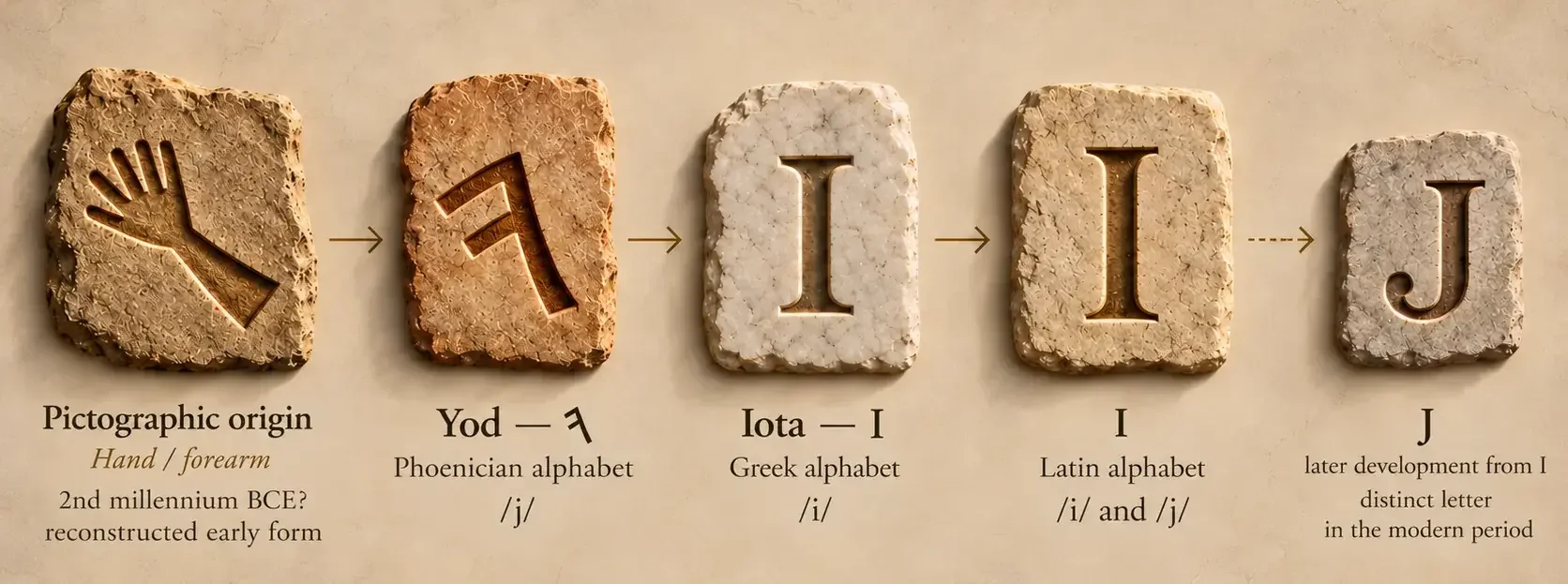 Evolution of Yod from a pictographic origin associated with the hand or forearm to Phoenician Yod, Greek Iota and Latin I, with the later development of J from I