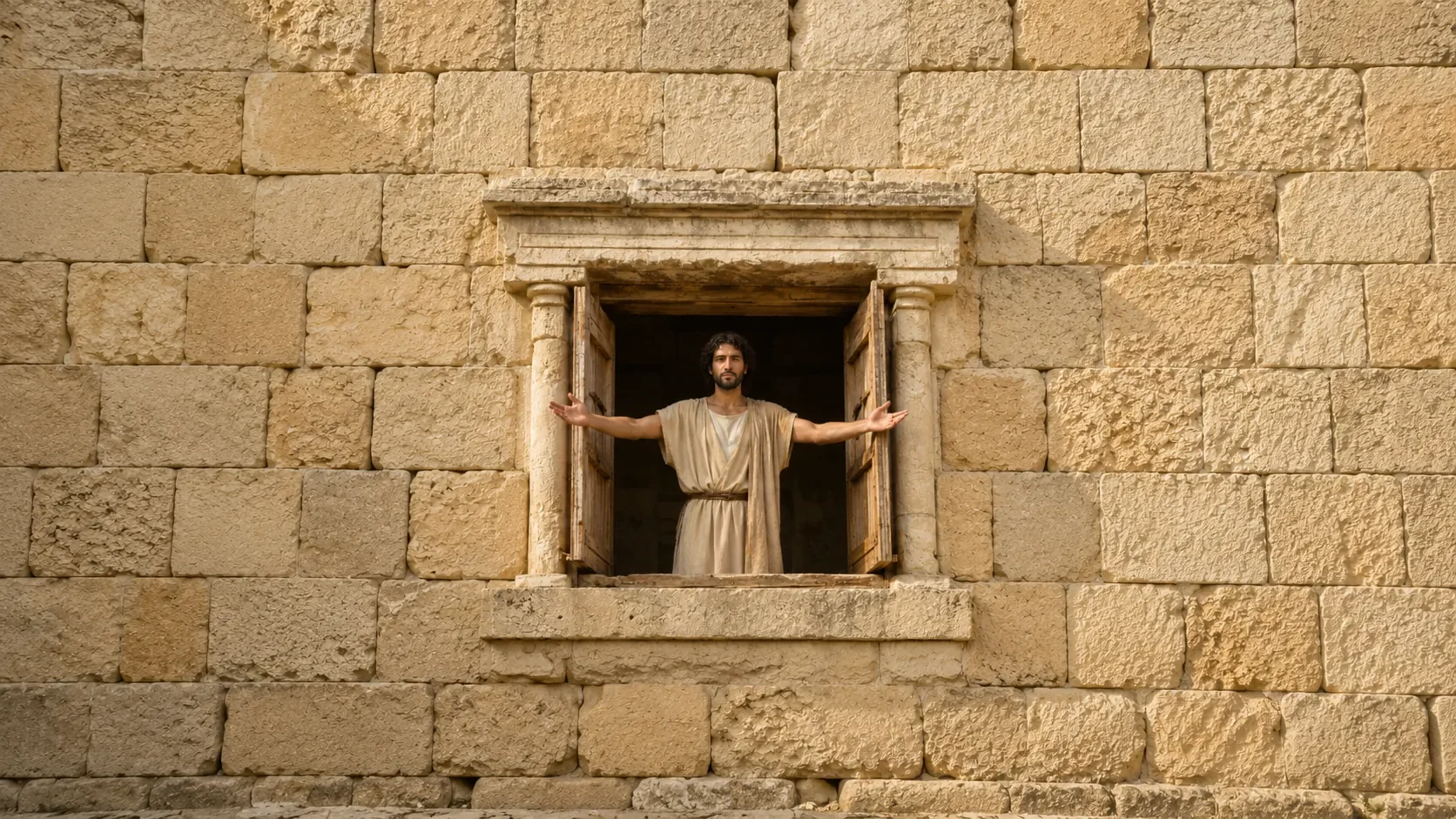 Figure standing in an ancient stone window opening, illustrating the Phoenician letter He