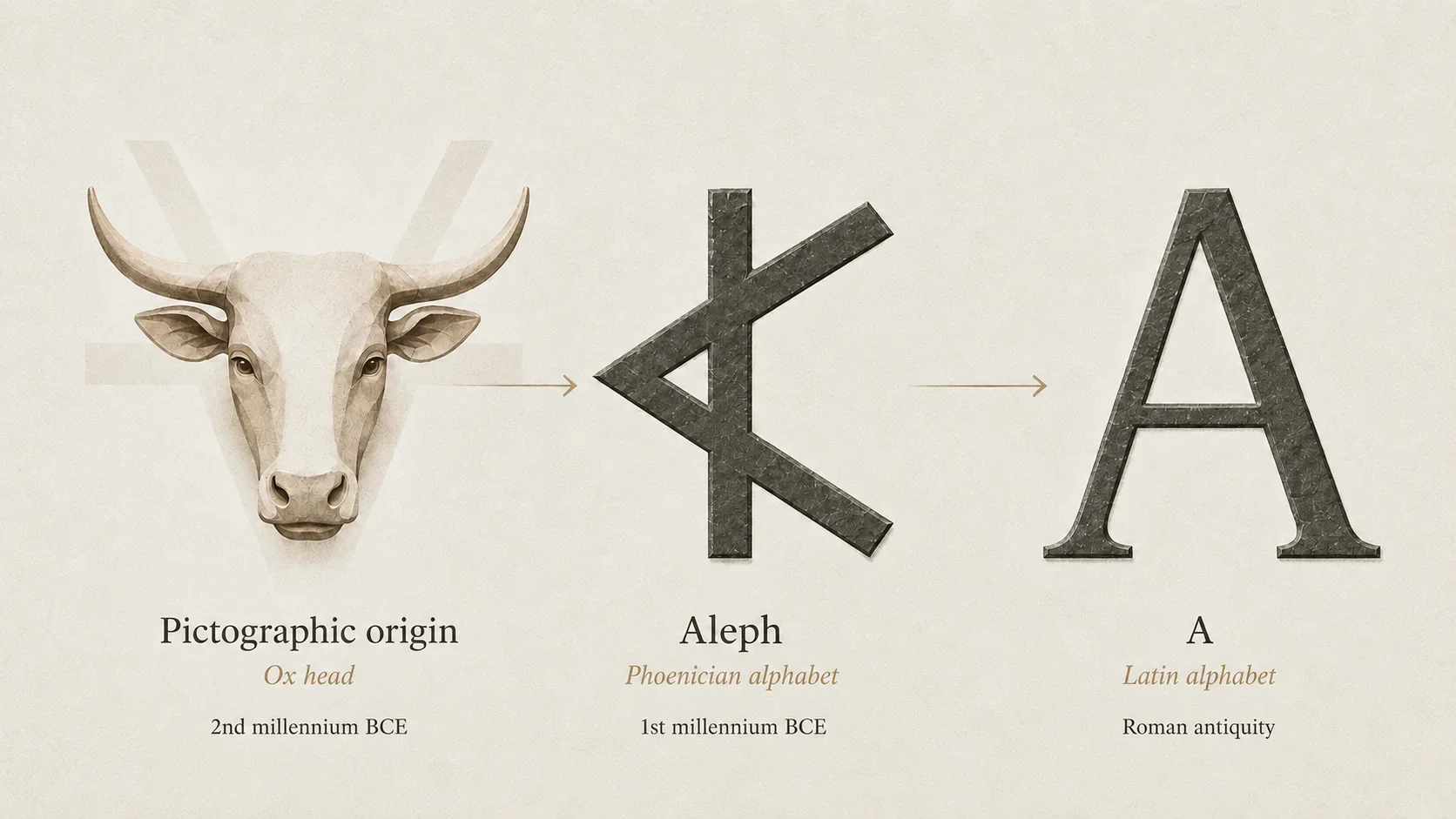 Evolution of Aleph from the ox head to the Phoenician sign and the Latin letter