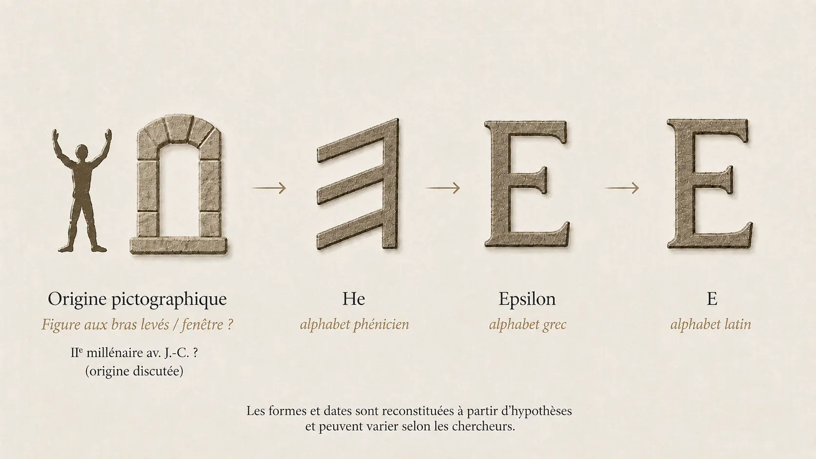 Évolution de He à partir d’une origine pictographique discutée, notamment une figure humaine aux bras levés, puis vers le signe phénicien, Epsilon grec et le E latin