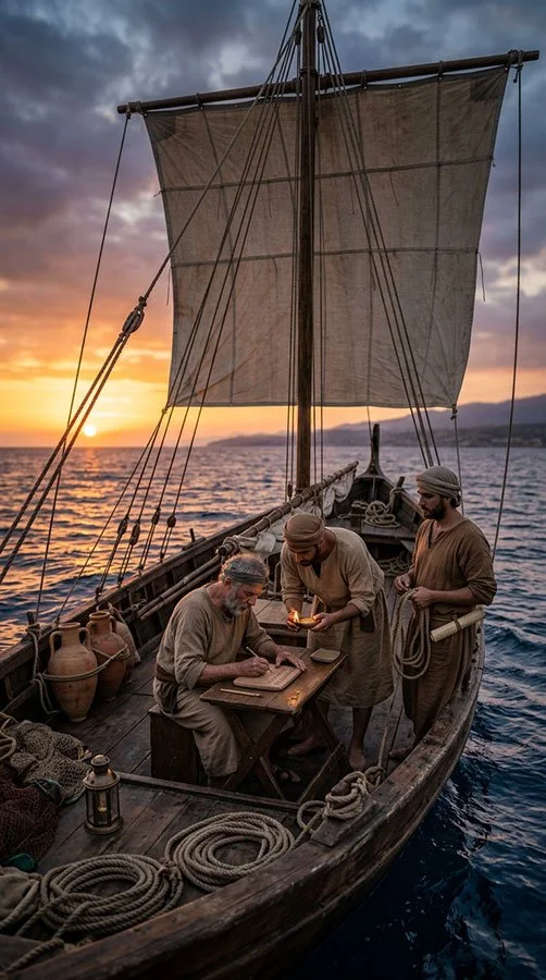 Équipage phénicien utilisant l’écriture à bord d’un navire en Méditerranée lors des échanges commerciaux