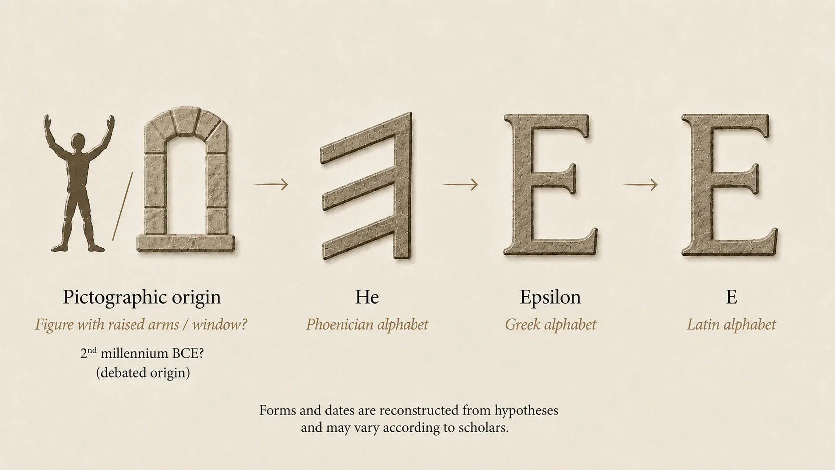Evolution of He from debated pictographic origins, a figure with raised arms or a window, to the Phoenician letter He, Greek Epsilon and Latin E