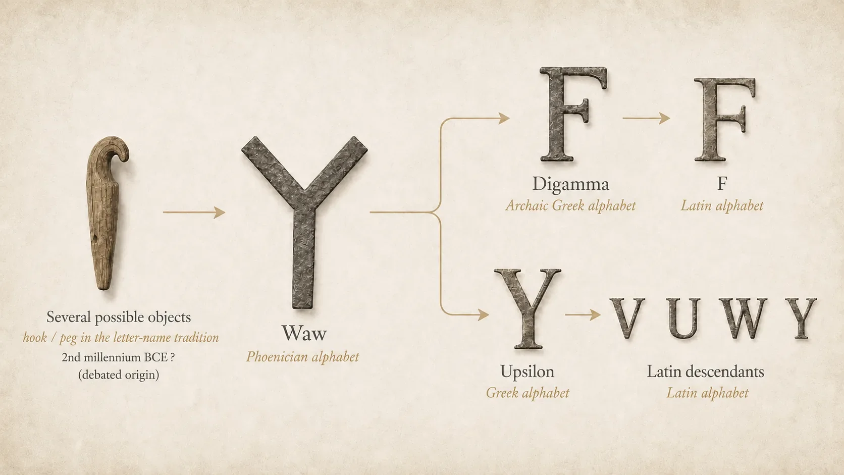Evolution of Waw from several debated pictographic prototypes to the Phoenician letter, then to Digamma, Upsilon and their Latin descendants