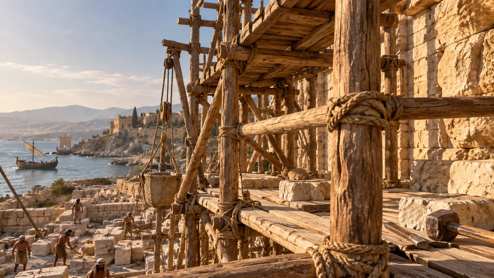 Reconstruction of a wooden scaffold at a Phoenician building site on the Mediterranean coast
