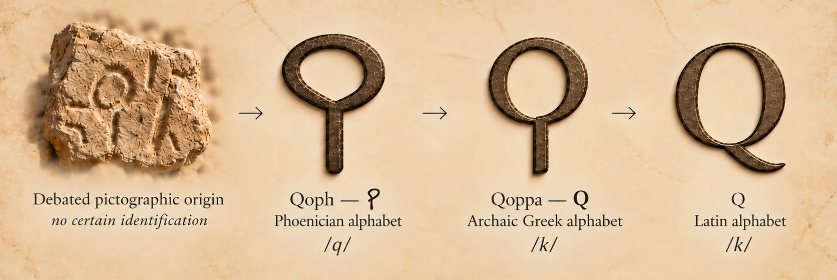 Evolution of Qoph from its debated pictographic origin to the Phoenician letter, then Greek Qoppa and Latin Q