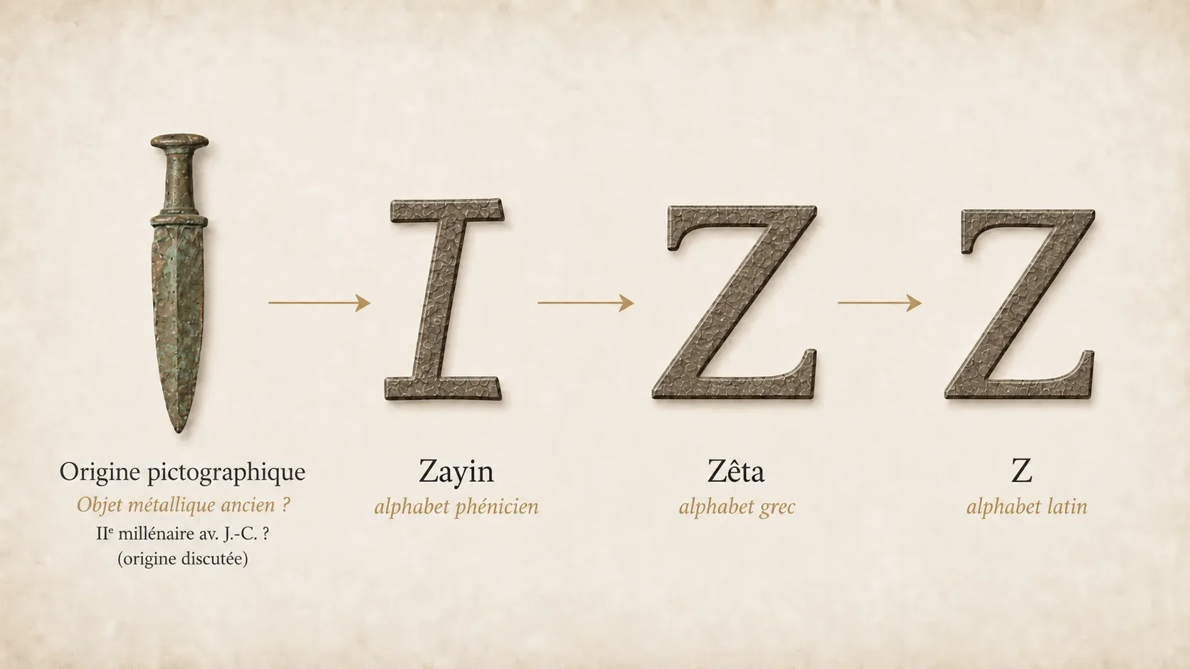 Évolution de Zayin depuis une origine pictographique discutée vers la lettre phénicienne, puis le Zêta grec et le Z latin