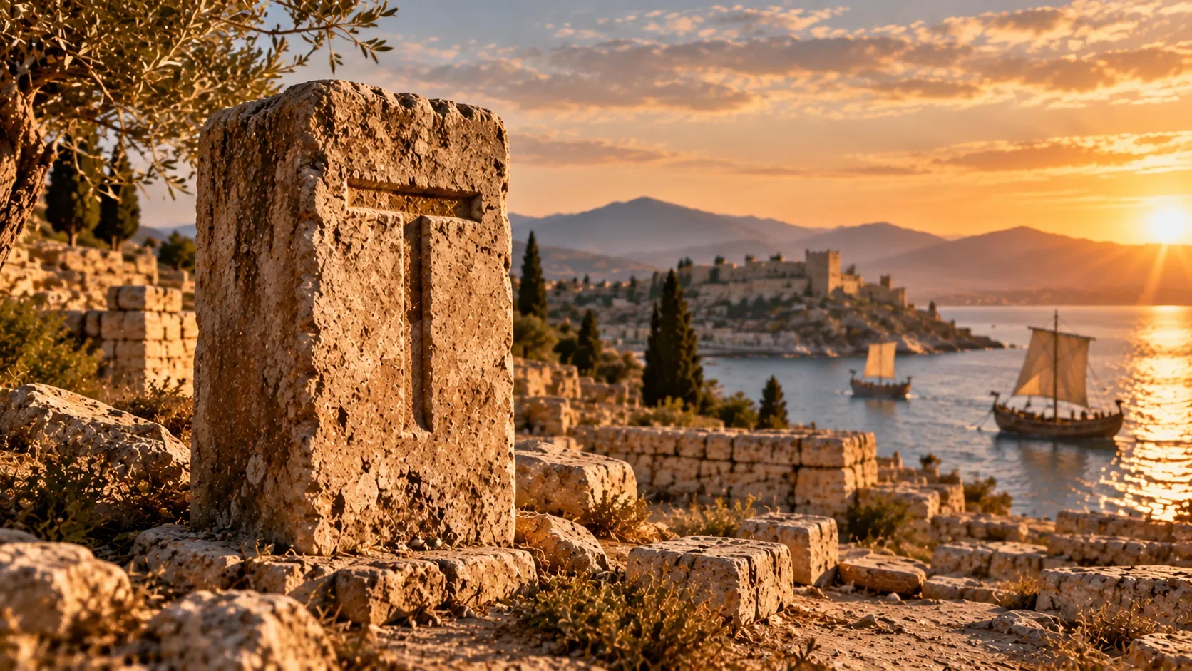 Stone stele bearing a cross-shaped mark overlooking a reconstructed Phoenician harbour city