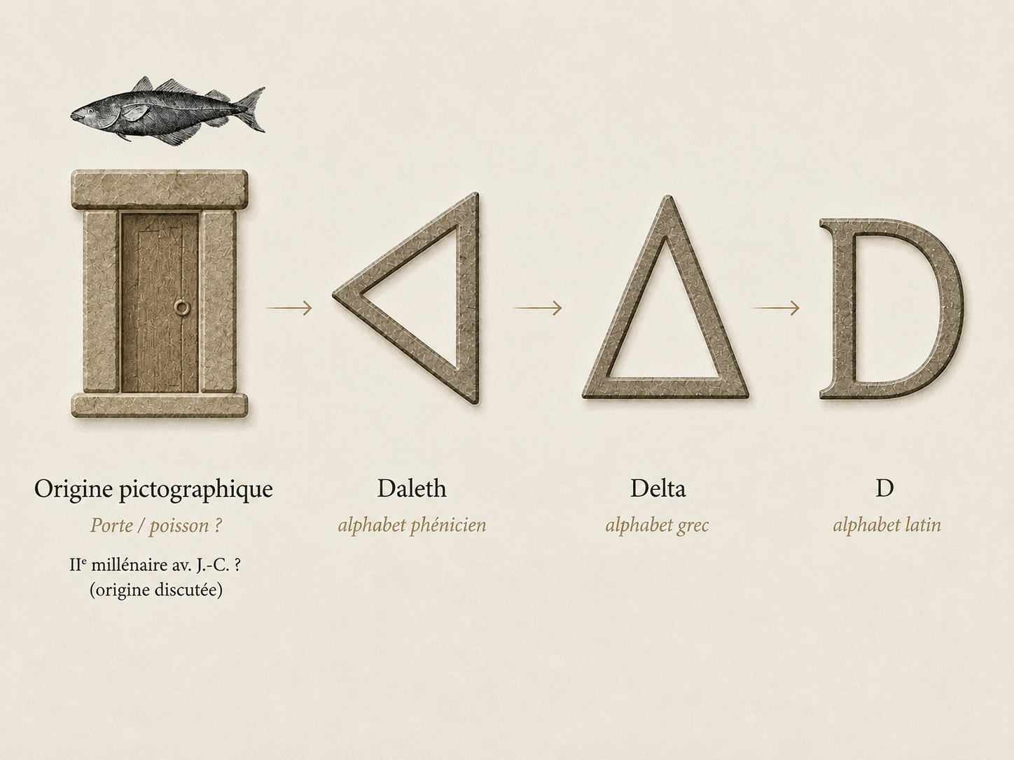 Évolution de Daleth à partir de deux origines pictographiques possibles, la porte et le poisson, puis vers Delta grec et la lettre D latine