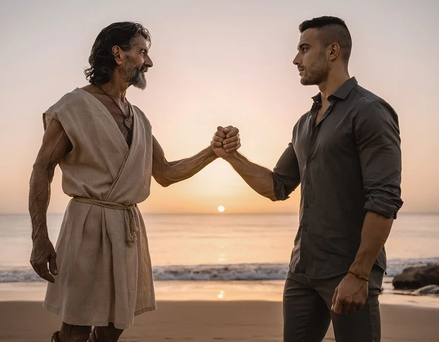 Sur une plage de Byblos, deux hommes séparés par des millénaires se font face et se serrent la main, comme si l’histoire ne s’était jamais interrompue