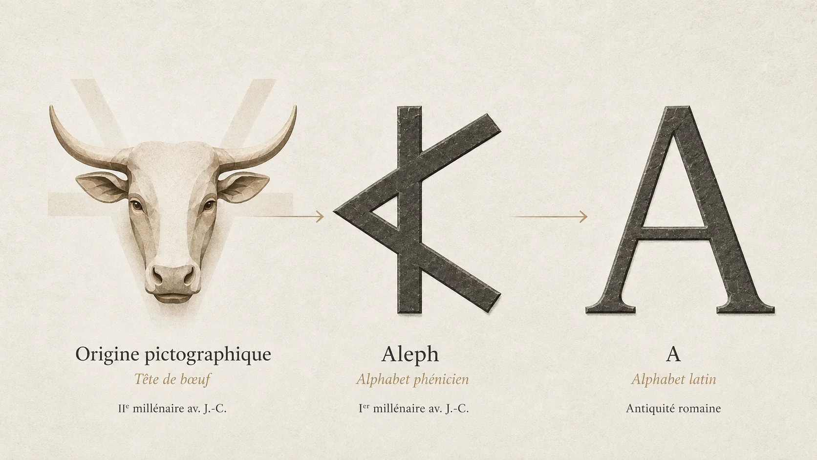 Évolution d’Aleph, de la tête de bœuf au signe phénicien puis à la lettre A