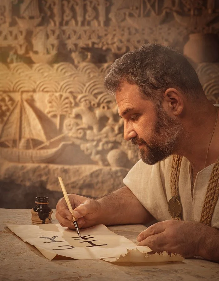 Écriture de symboles simplifiés en alphabet phénicien sur papyrus par un marchand à Byblos