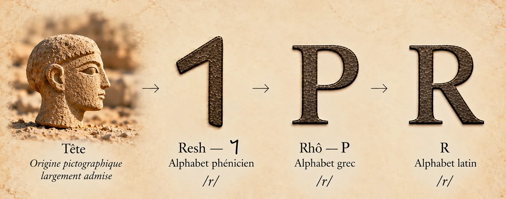 Évolution de Resh, de la tête comme origine pictographique largement admise à la lettre phénicienne, puis au Rhô grec et au R latin