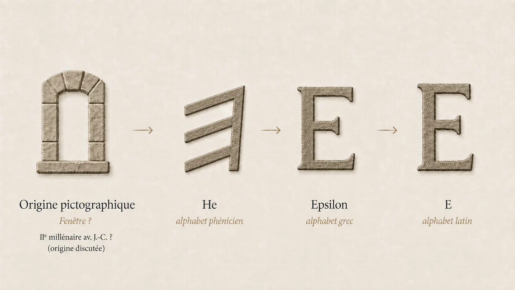 Évolution de He, d’une origine pictographique discutée liée à la fenêtre au signe phénicien, puis à Epsilon grec et au E latin