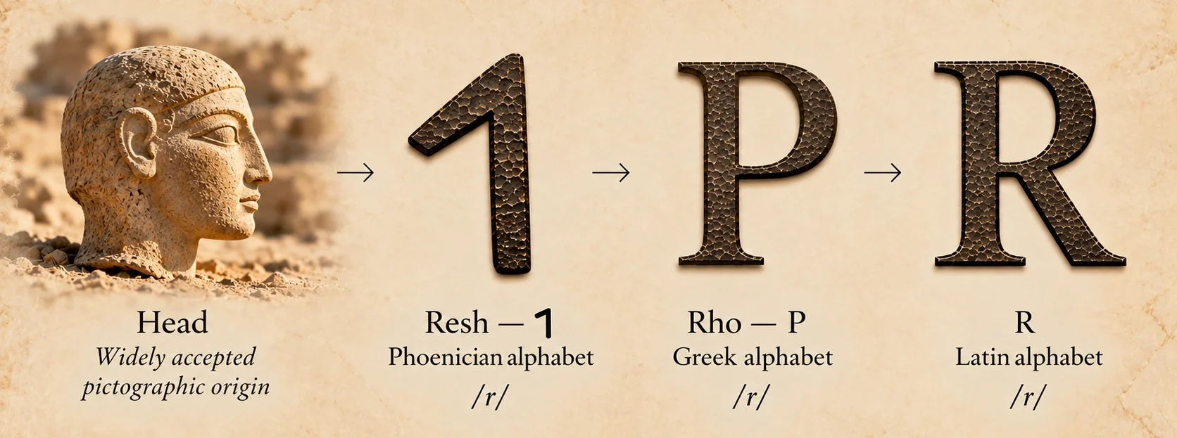 Evolution of Resh from the widely accepted head pictogram to the Phoenician letter, then Greek Rho and Latin R