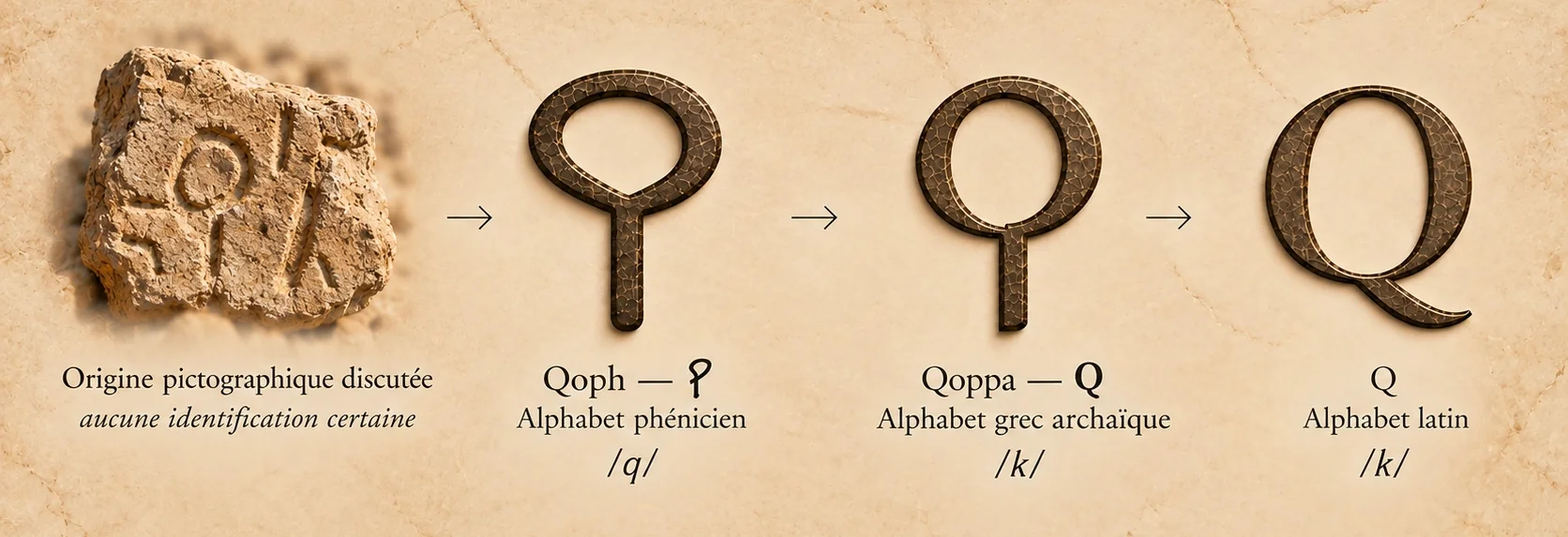 Évolution de Qoph, de son origine pictographique discutée à la lettre phénicienne, puis au Qoppa grec et au Q latin