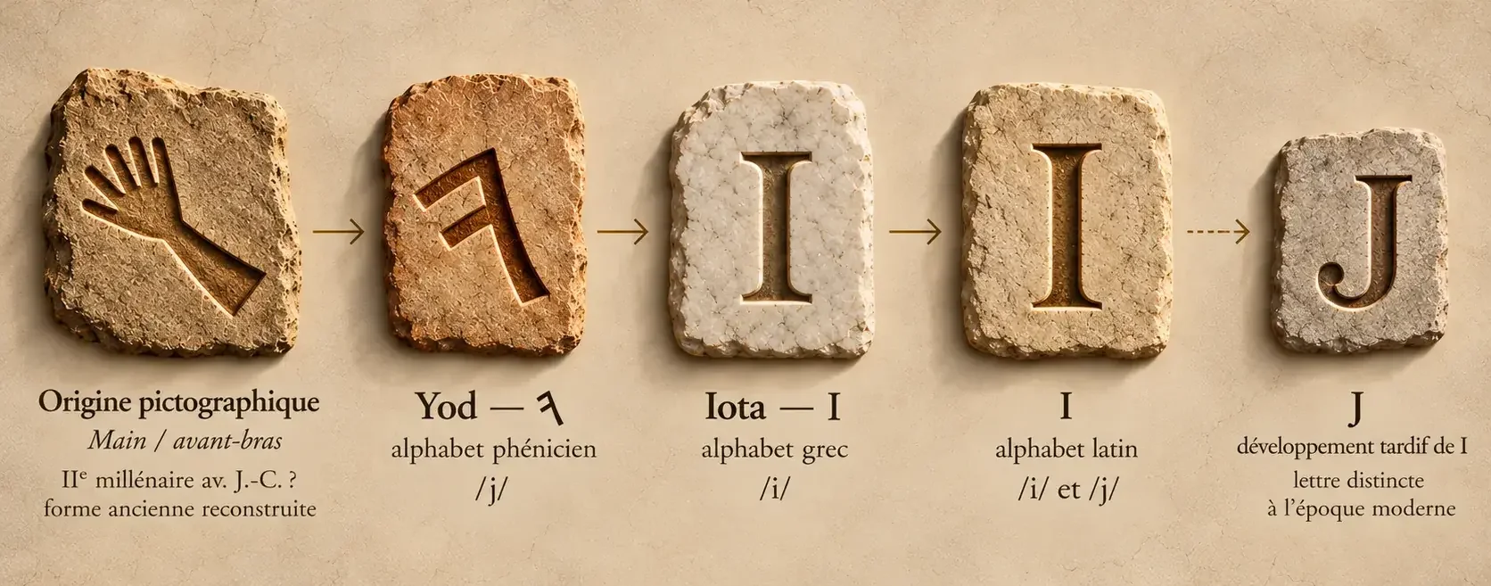 Évolution de Yod depuis une origine pictographique liée à la main vers la lettre phénicienne, puis Iota et I, avec le développement plus tardif du J à partir de I