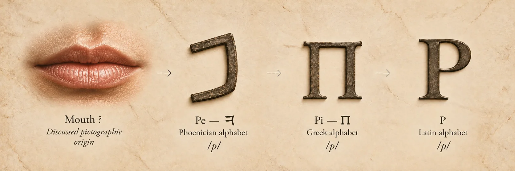 Evolution of Pe from its debated pictographic origin linked to the mouth to the Phoenician letter, then Greek Pi and Latin P