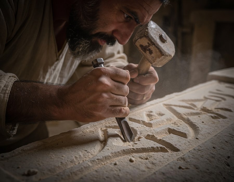 Gravure d’inscription en alphabet phénicien inspirée du sarcophage d’Ahiram à Byblos