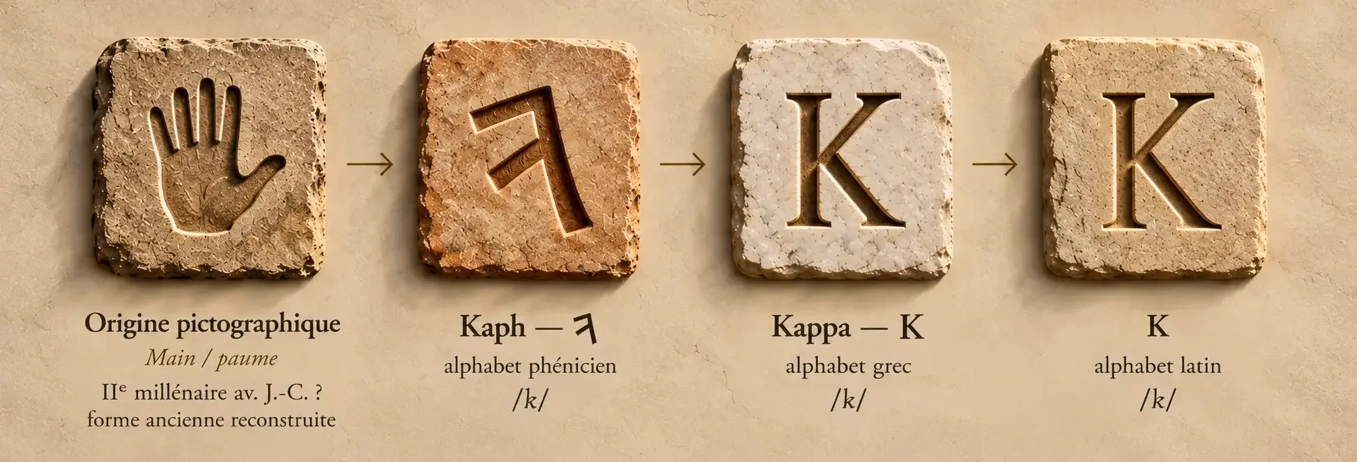 Évolution de Kaph depuis une origine pictographique liée à la paume de la main vers la lettre phénicienne, puis le Kappa grec et le K latin