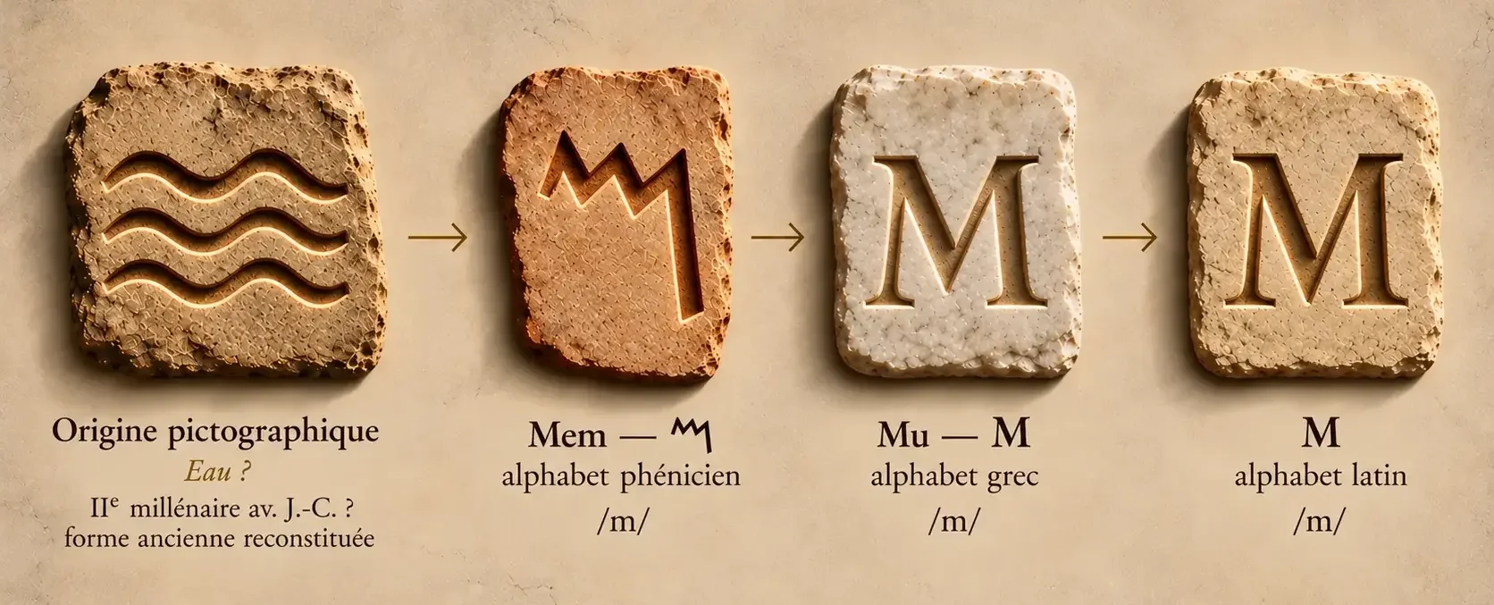 Évolution de Mem depuis un ancien signe pictographique associé à l’eau vers la lettre phénicienne, puis le Mu grec et le M latin