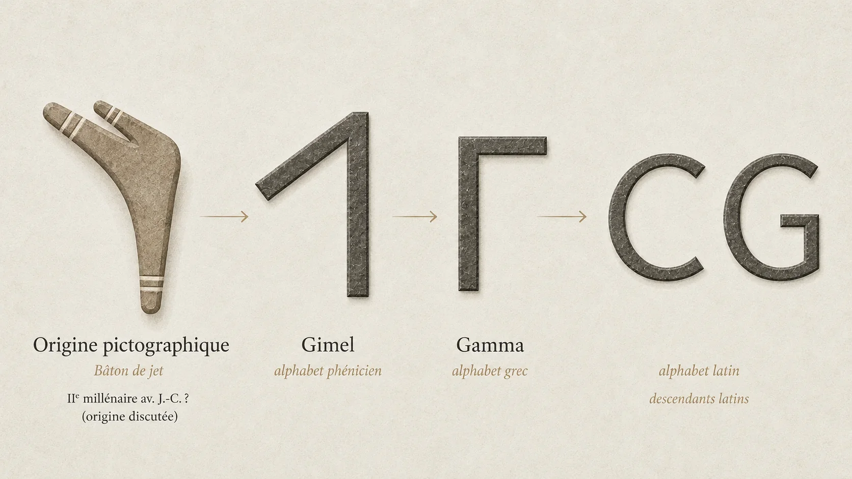 Évolution de Gimel, du bâton de jet au signe phénicien, puis au Gamma grec et aux lettres