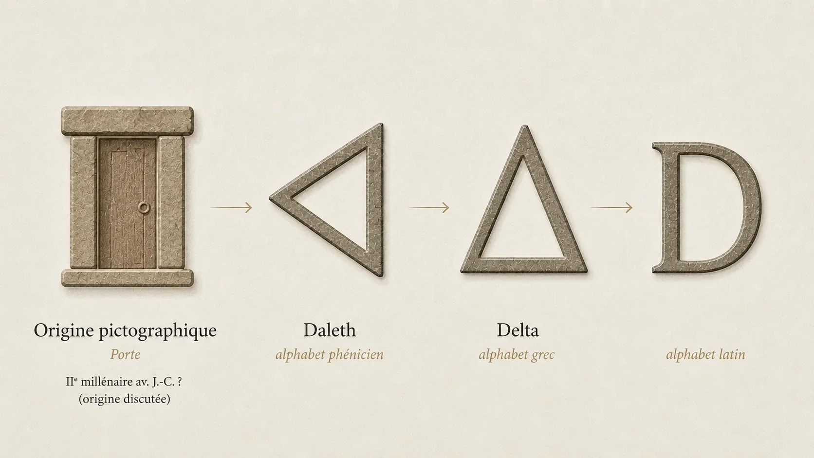 Évolution de Daleth, de la porte au signe phénicien, puis au Delta grec et à la lettre D latine