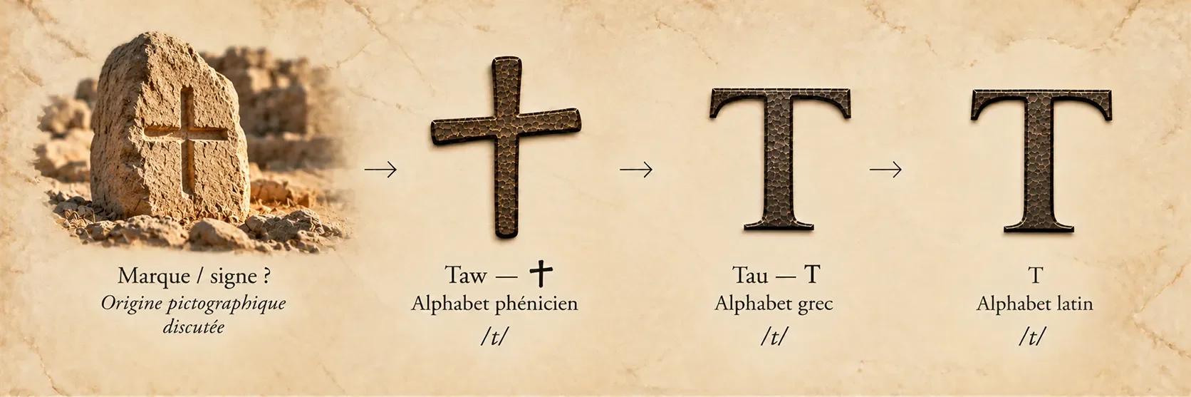 Évolution de Taw, de l’ancienne marque en croix à la lettre phénicienne, puis au Tau grec et au T latin