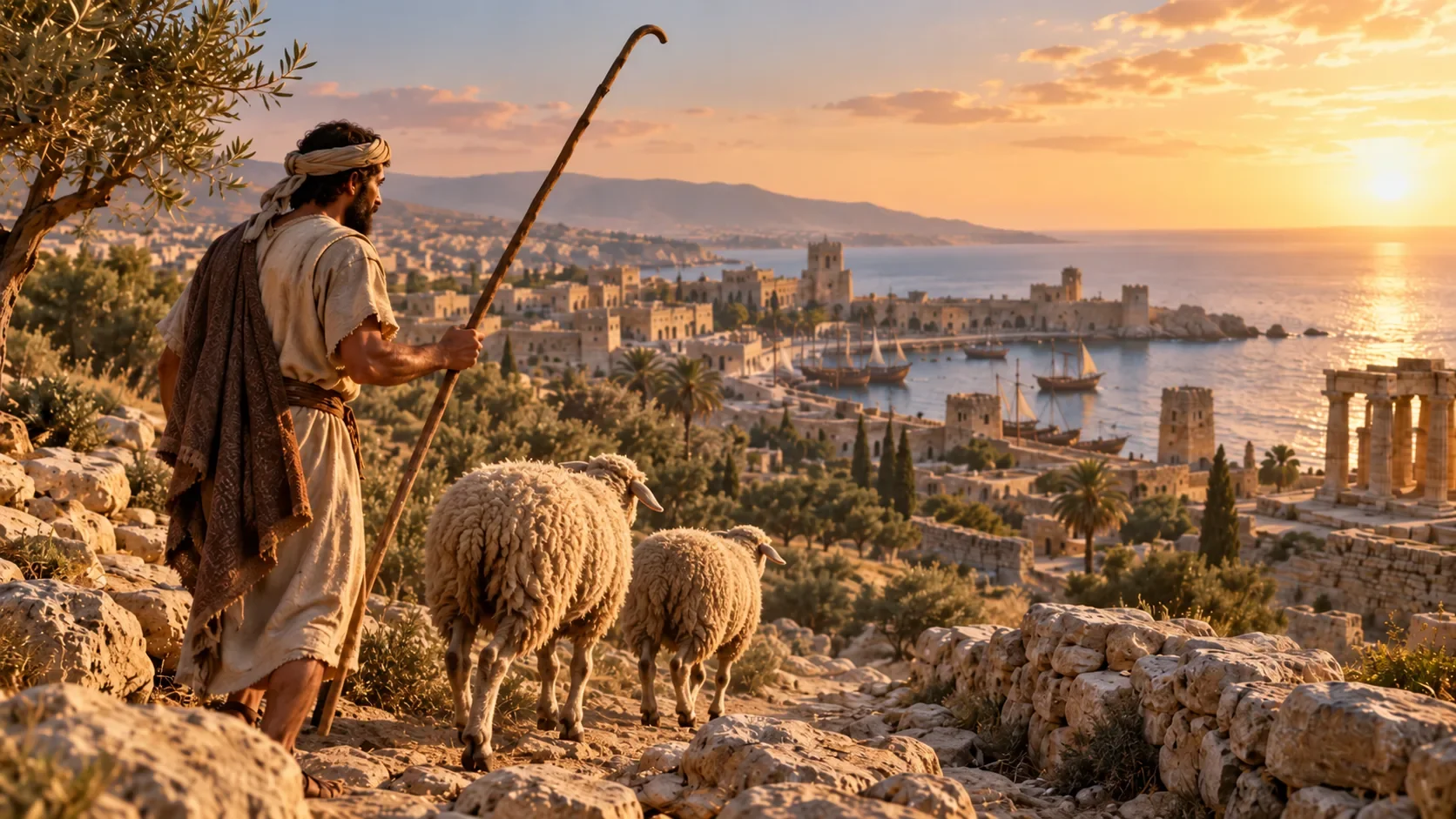 Shepherd holding a long herding staff with his flock overlooking Byblos, evoking the proposed origin of the Phoenician letter Lamed