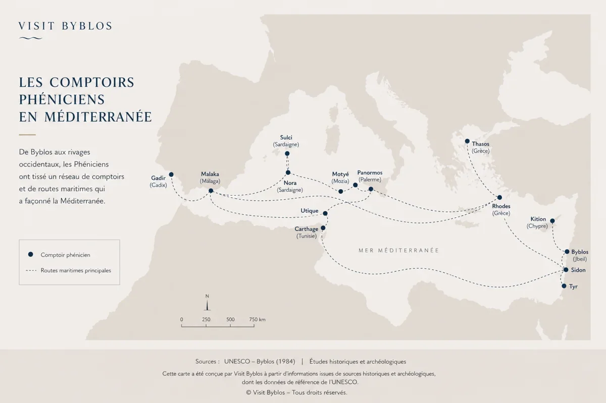 Carte minimaliste des comptoirs phéniciens en Méditerranée, montrant les routes maritimes reliant Byblos, Carthage, Gadir et d’autres ports antiques