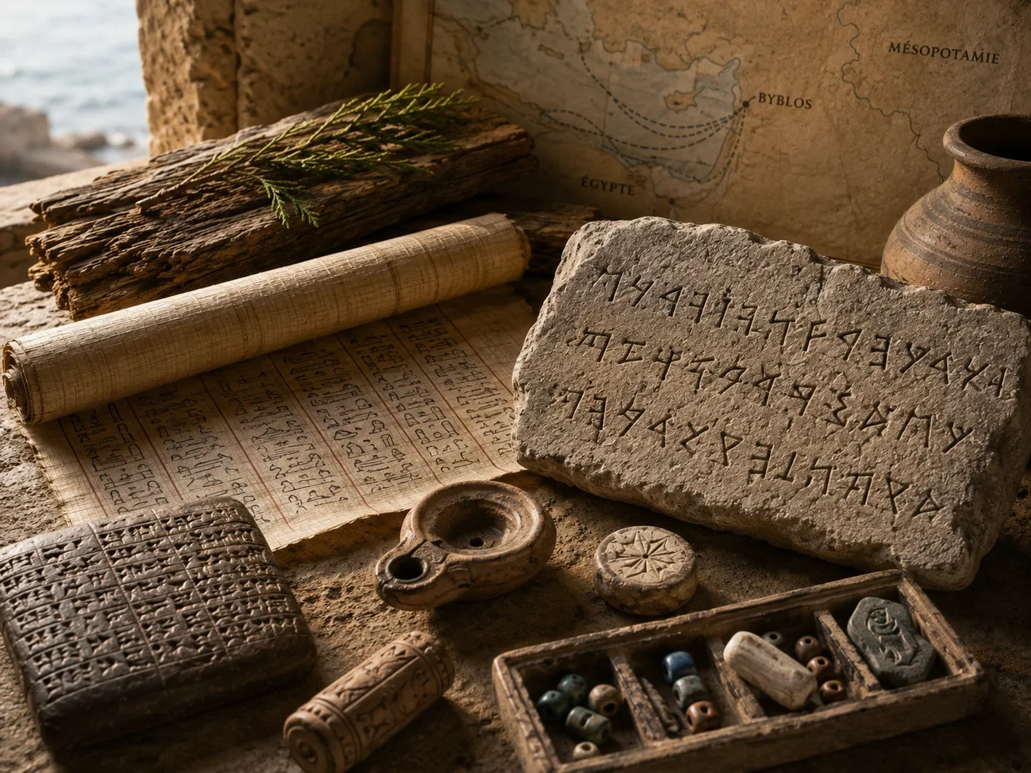 Ancient Phoenician inscription, papyrus scrolls, artifacts and trade map of Byblos, Lebanon.
