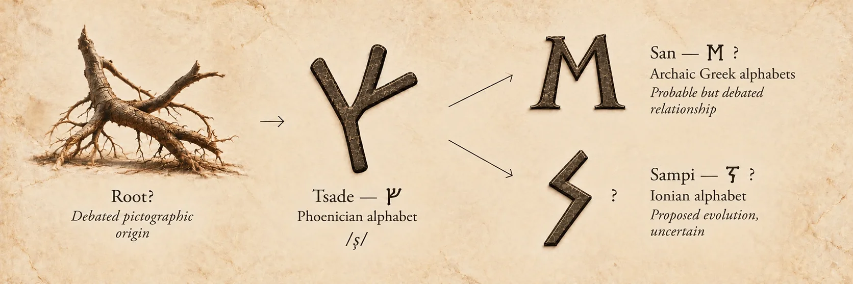 Évolution discutée de Tsade, de son origine pictographique incertaine à la lettre phénicienne, puis aux formes grecques possibles San et Sampi