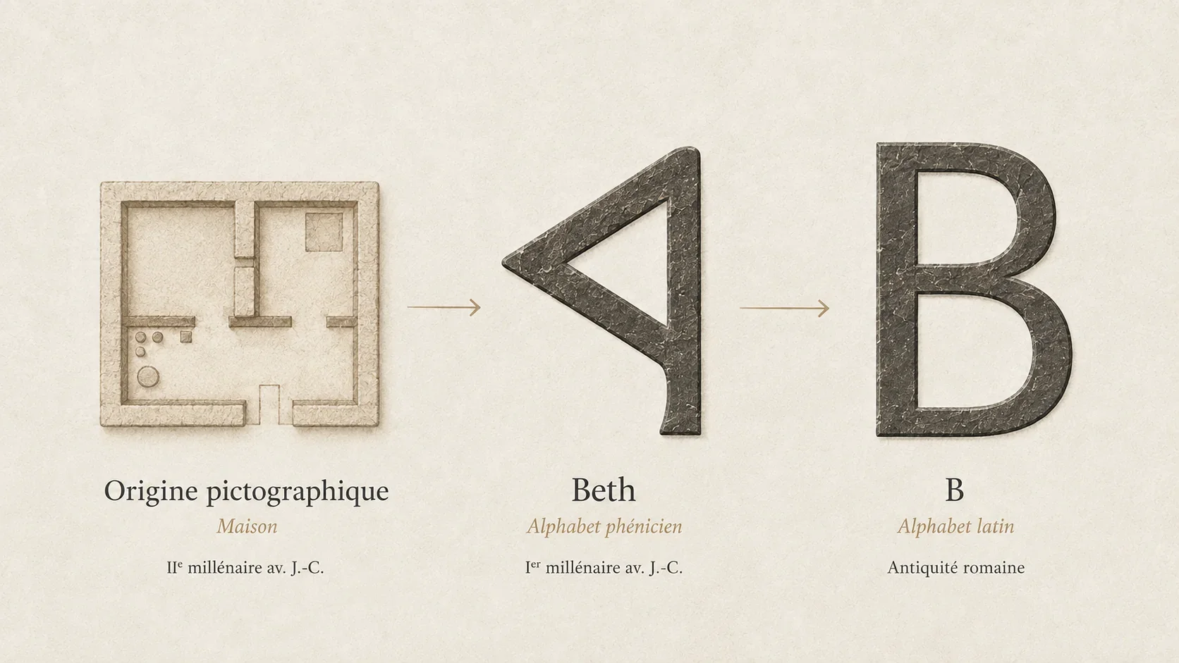 Évolution de Beth, du plan de maison au signe phénicien puis à la lettre B