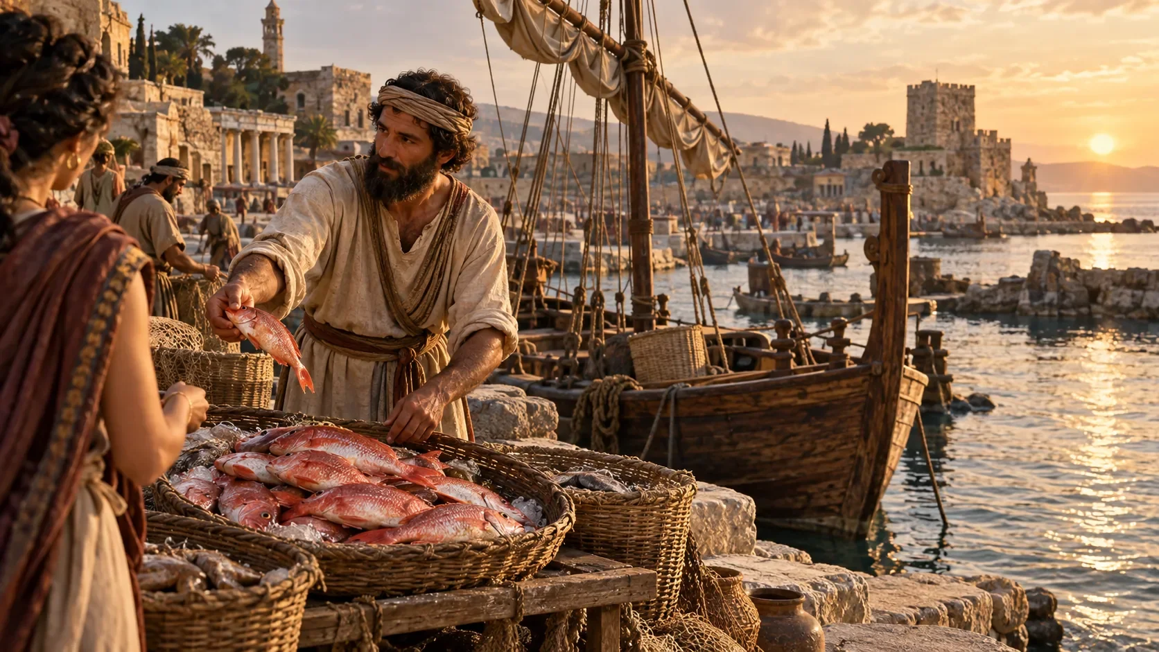 Pêcheur phénicien vendant des rougets près de son bateau dans le port de Byblos