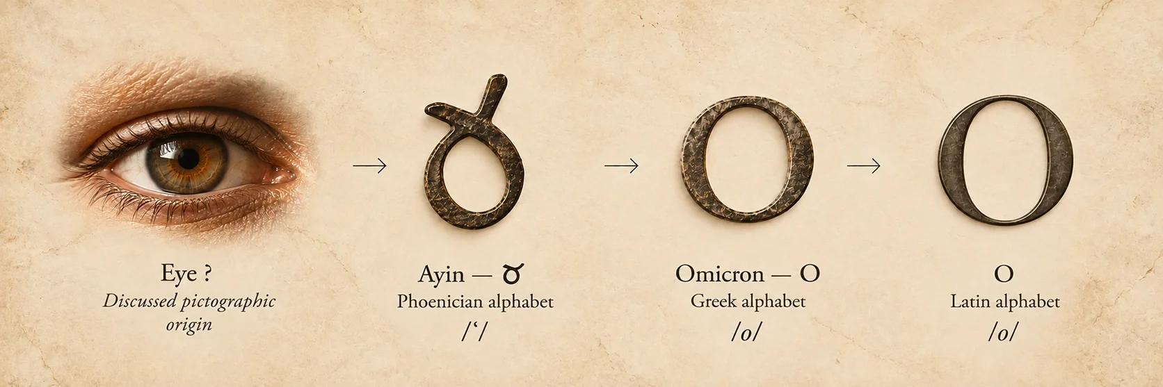 Evolution of Ayin from the eye pictogram to the Phoenician letter, then Greek Omicron and Latin O