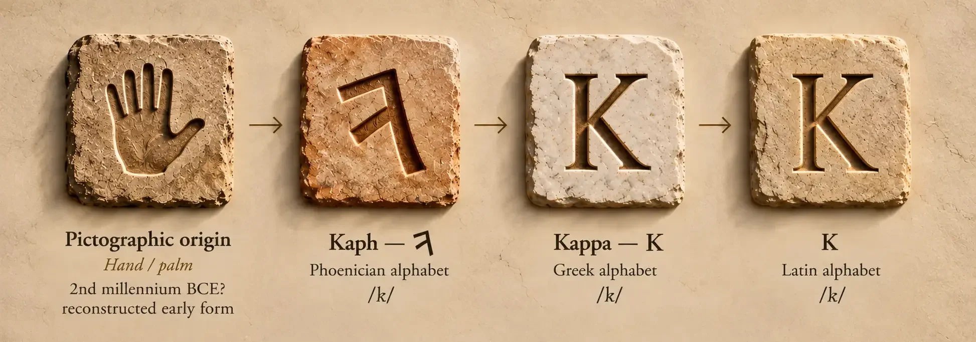 Evolution of Kaph from a pictographic origin associated with the palm of the hand to the Phoenician letter, then Greek Kappa and the Latin K
