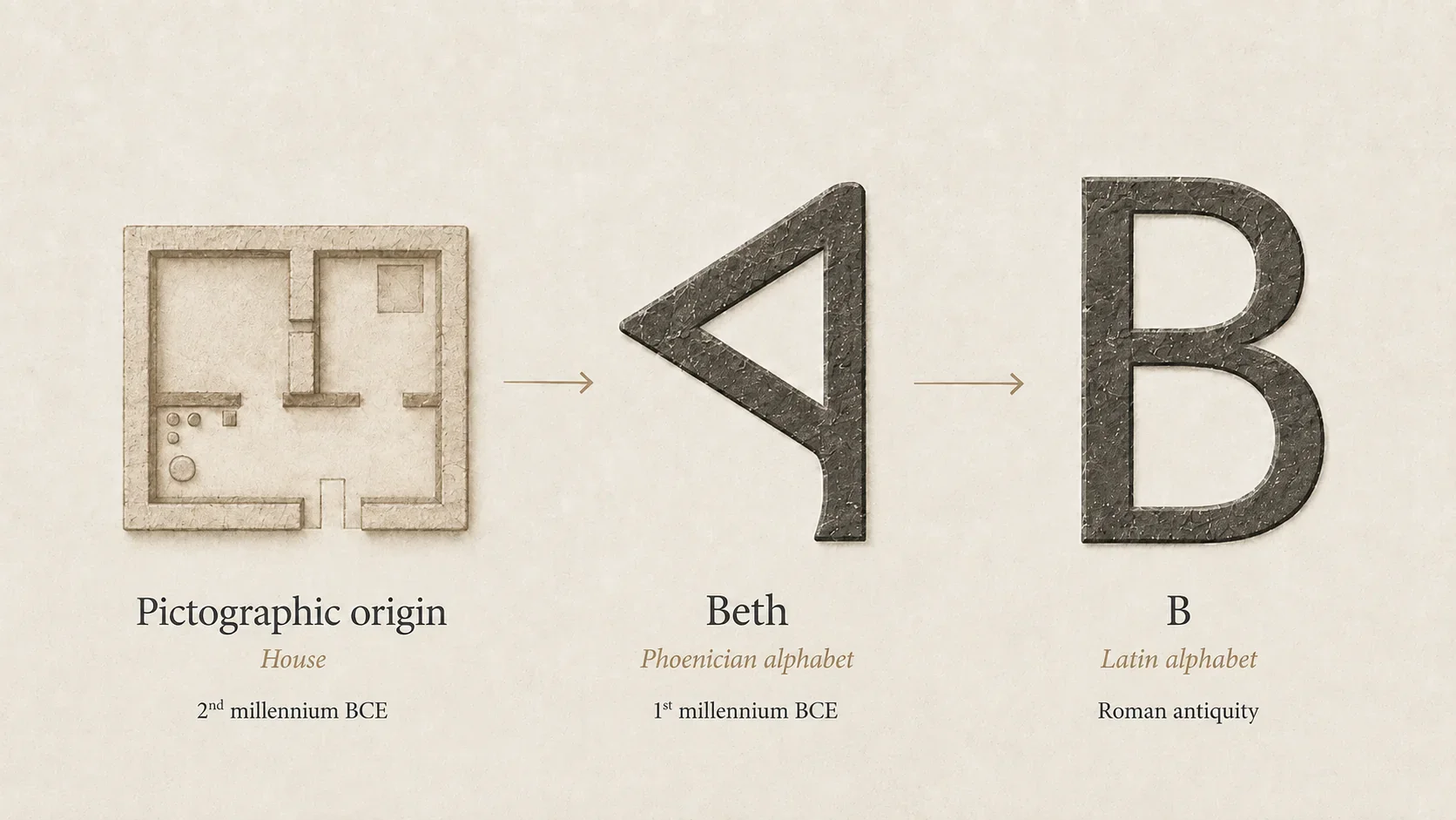 Evolution of Beth from a house plan to the Phoenician sign and the letter B