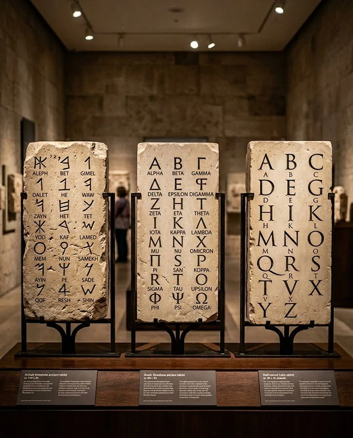 Comparaison des alphabets phénicien, grec et latin illustrant la transmission de l’écriture depuis Byblos