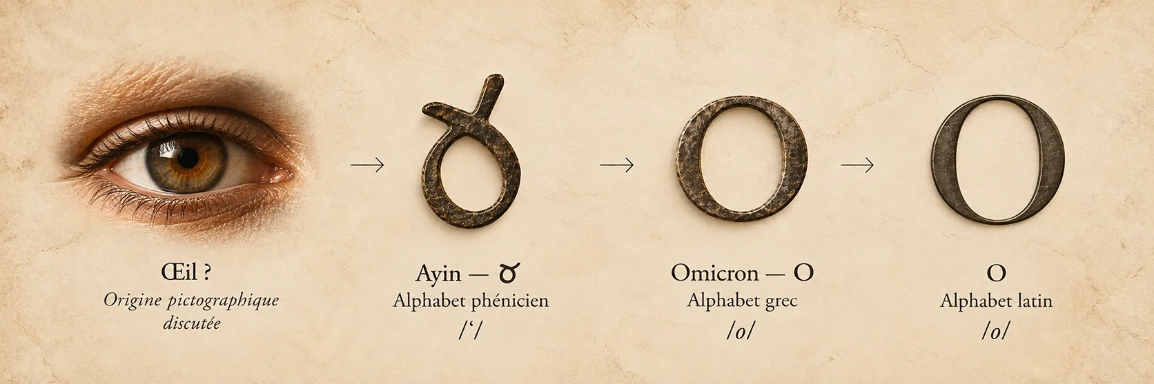 Évolution d’Ayin, du pictogramme de l’œil à la lettre phénicienne, puis à l’Omicron grec et au O latin