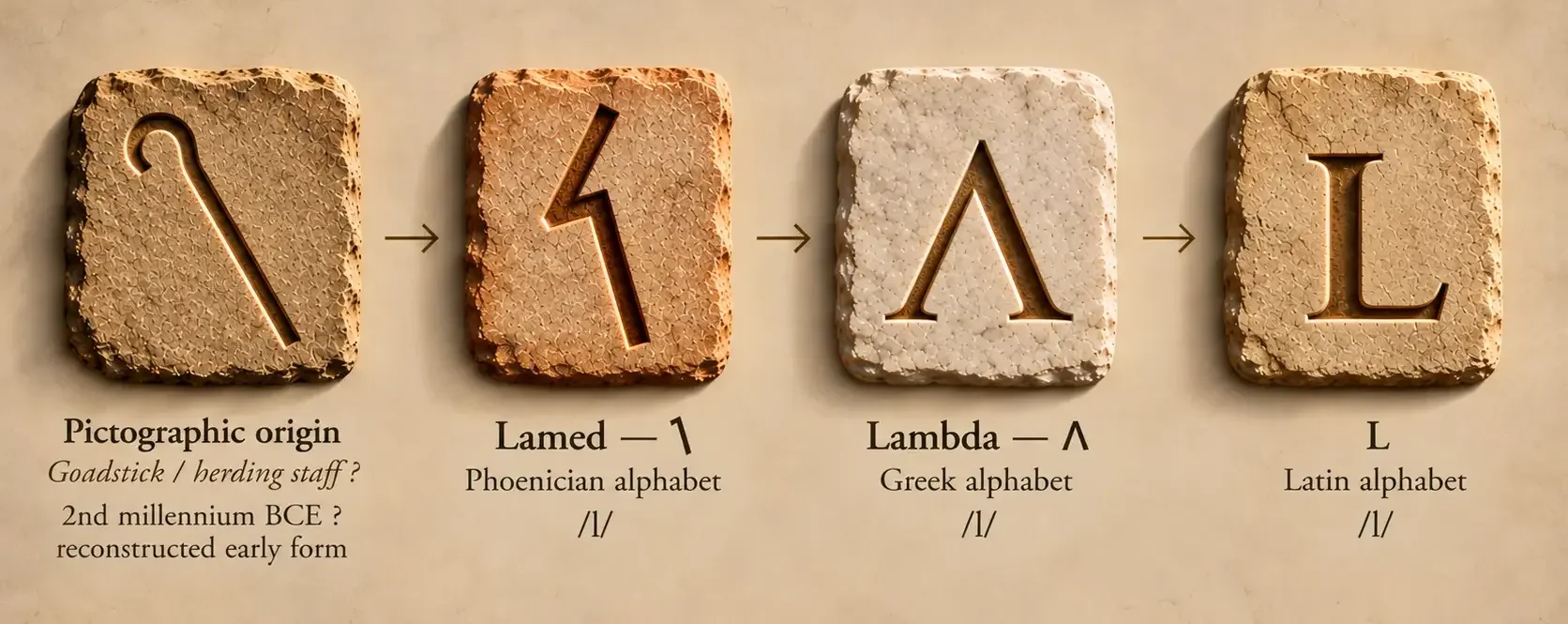 Evolution of Lamed from a debated pictographic origin associated with a goadstick or herding staff to the Phoenician letter, Greek Lambda and the Latin L