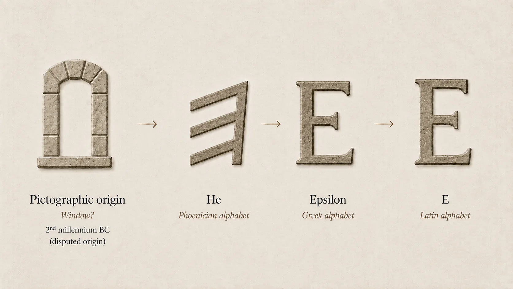Evolution of He from a debated pictographic origin associated with a window to the Phoenician sign, Greek Epsilon and the Latin E