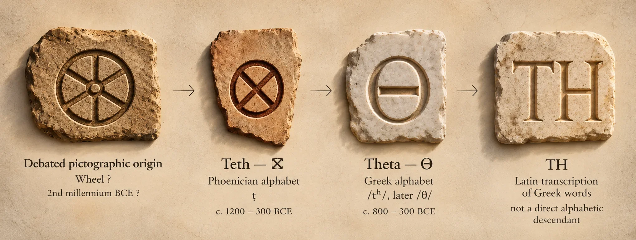 Evolution of Teth from a debated pictographic origin associated with a wheel to the Phoenician letter, Greek Theta and the Latin transcription TH