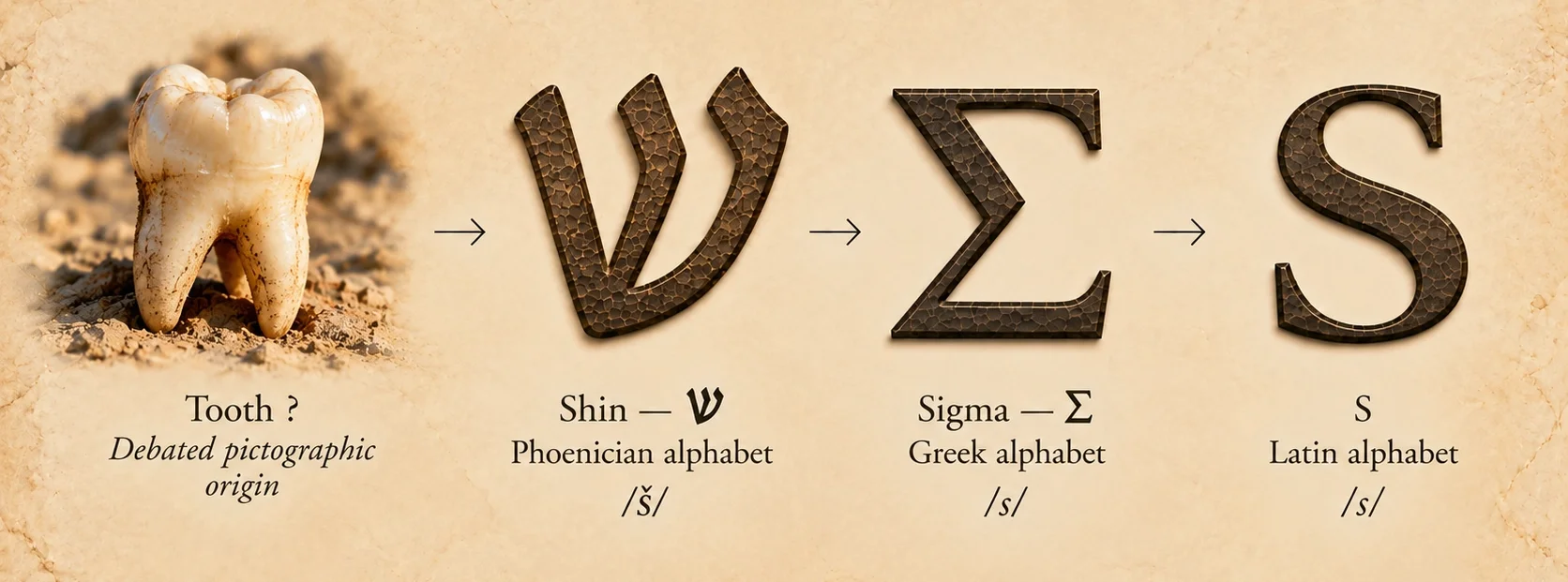 Evolution of Shin from its debated pictographic origin linked to the tooth to the Phoenician letter, then Greek Sigma and Latin S
