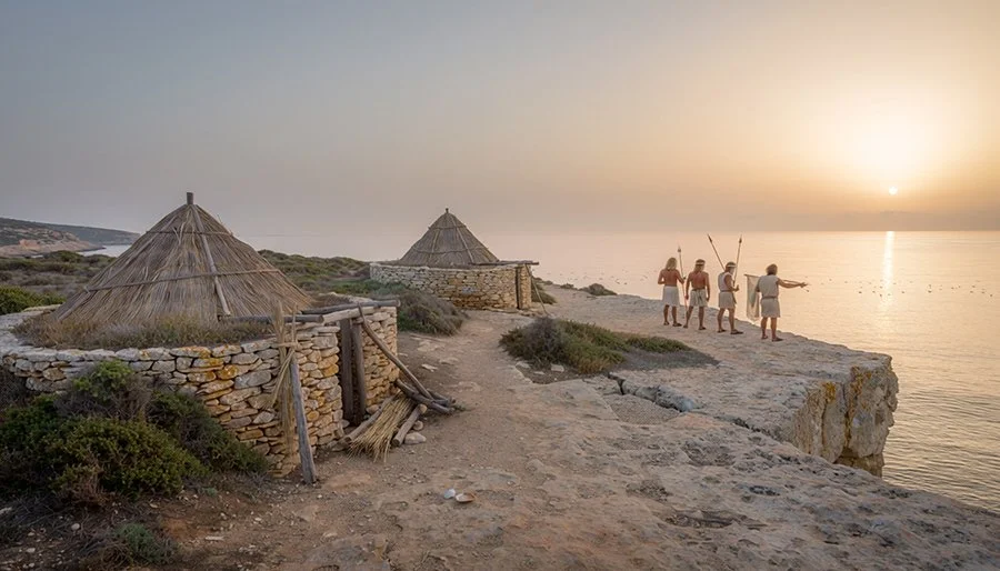 Reconstitution d’un village néolithique à Byblos sur la côte méditerranéenne au lever du soleil
