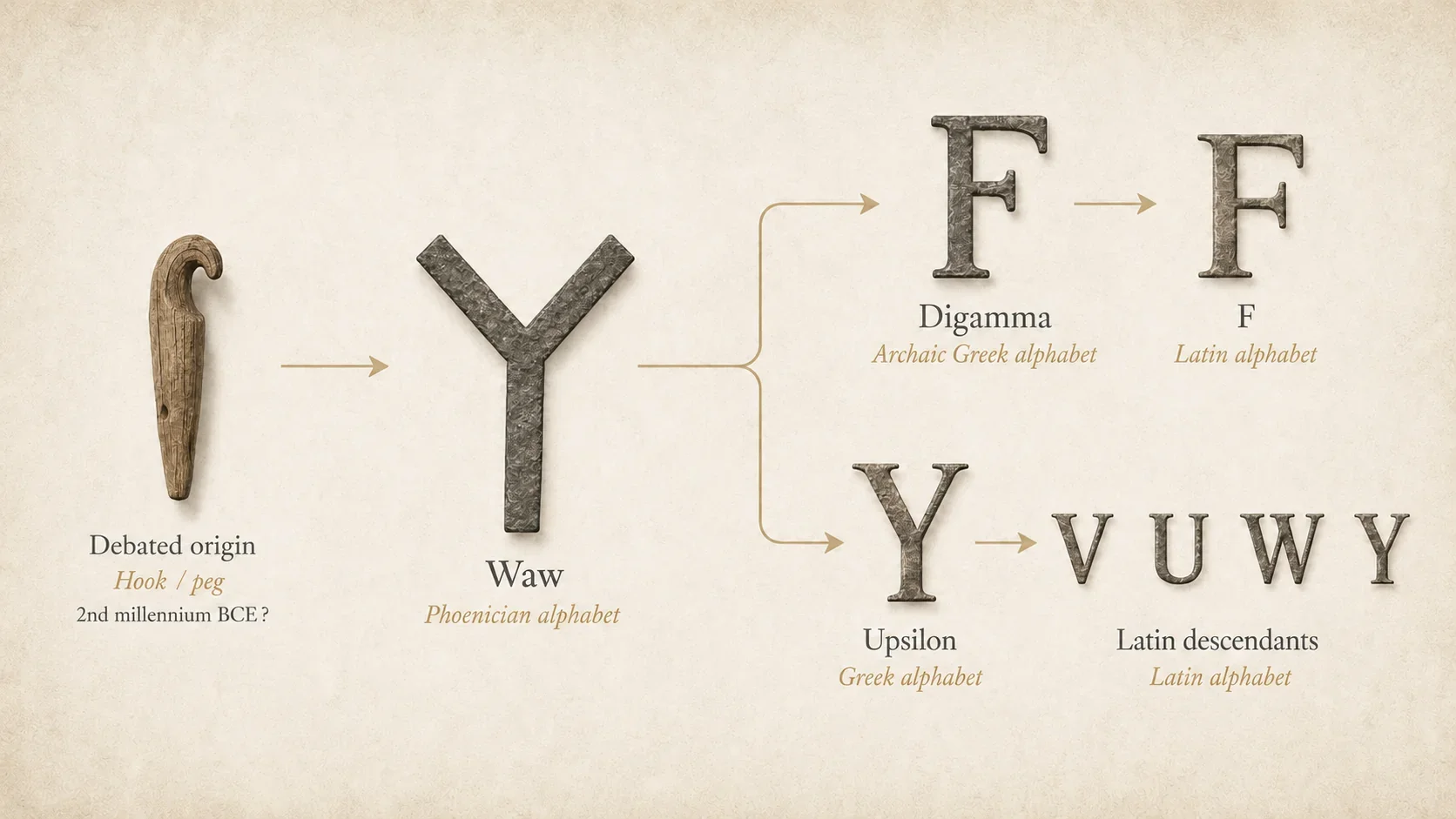 Evolution of Waw from a hook or peg to the Phoenician letter, then to Digamma, Upsilon and their Latin descendants