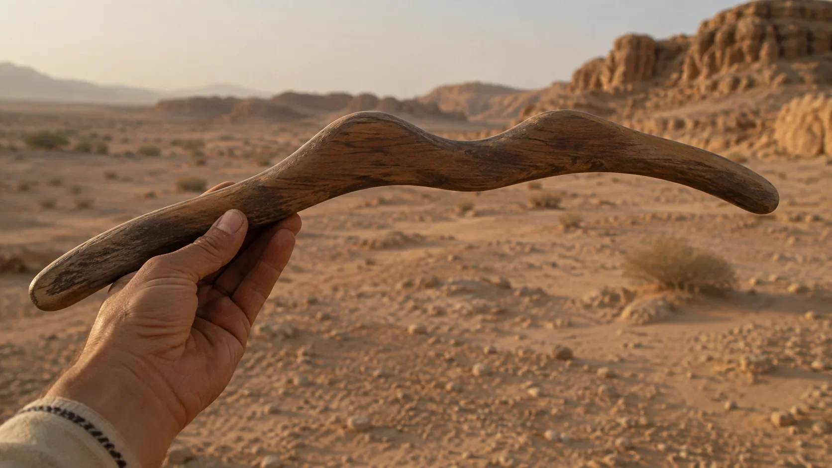 Bâton de jet en bois tenu dans le désert, évoquant l’origine discutée de la lettre Gimel