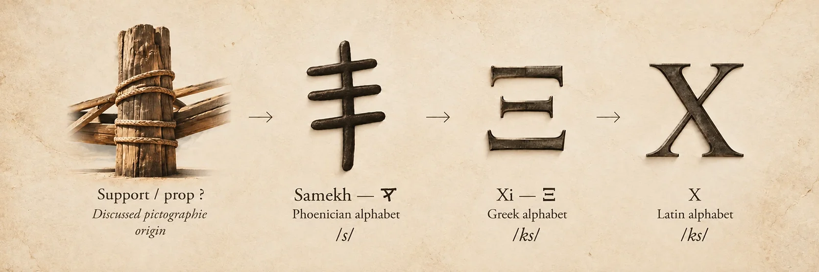 Evolution of Samekh from its debated pictographic origin to the Phoenician letter, then Greek Xi and Latin X